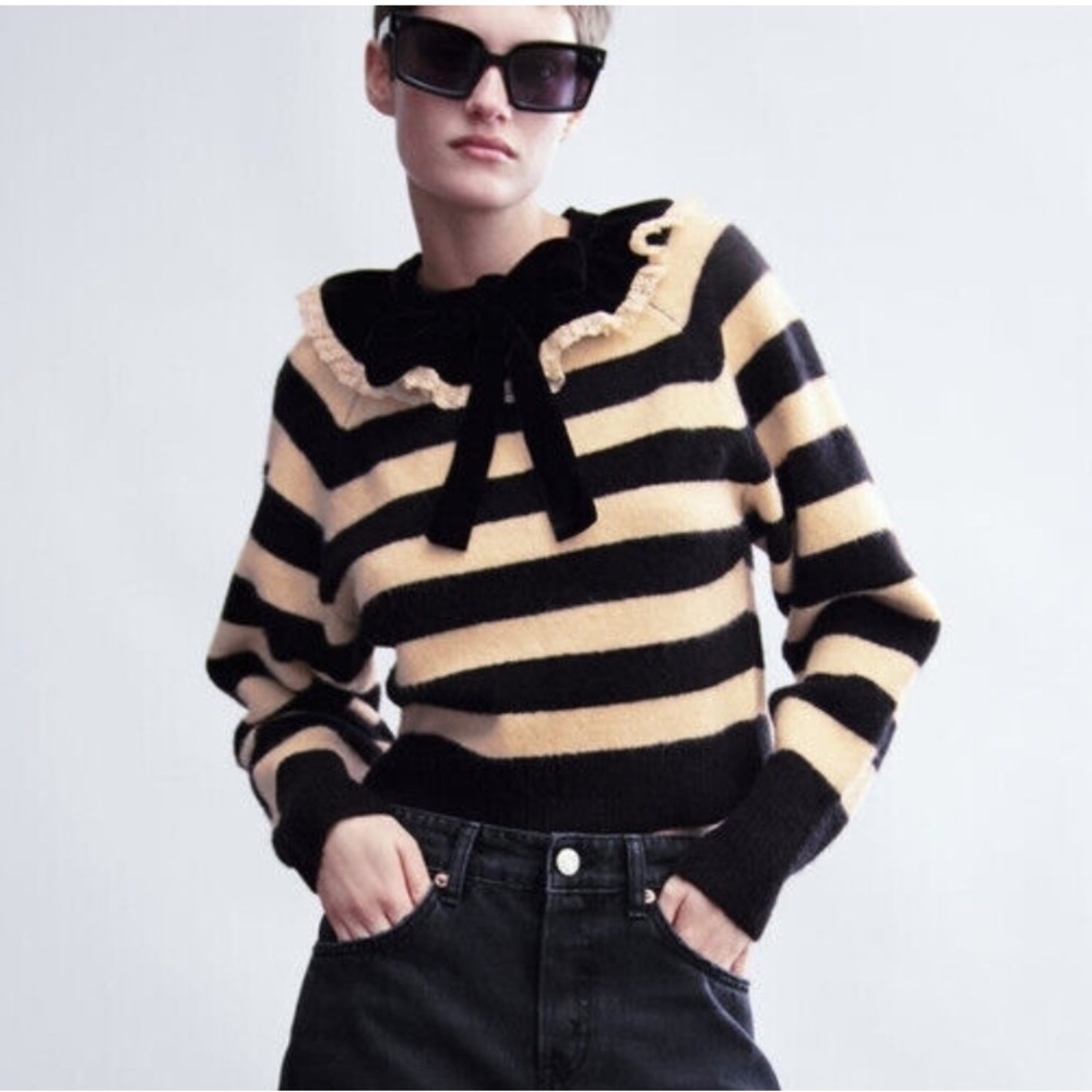 Zara Cream and Black Stripe Velvet Ruffle Neckline Sweater